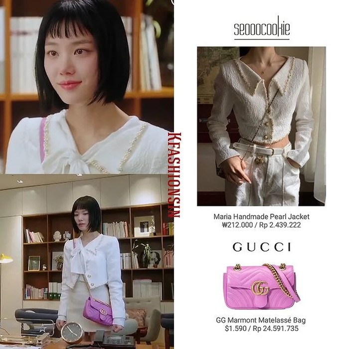 Berbeda dengan style-style sebelumnya, kali ini Lee Yoo Bi mengusung gaya elegan dan berkelas. Ia mengenakan jaket aksen mutiara dari Seooocookie seharga Rp2,4 juta dan tas GUCCI yang harganya mencapai Rp24,5 juta./ Foto: instagram.com/kfashionsin
