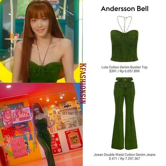 Datang dari merek Andersson Bell, atasan denim harga Rp6 juta yang dipadukan bersama celana denim waist sebesar Rp7,2 juta membuat look Lee Yu Bi menjadi seperti barbie hidup./ Foto: instagram.com/kfashionsin