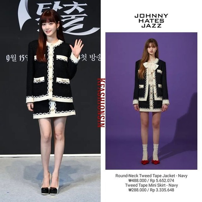 Hadir di konferensi pers drama The Escape of the Seven, Lee Yoo Bi tampil menawan dan memesona dalam balutan outfit merek JOHNNY HATES JAZZ yang total harganya Rp8,9 juta./ Foto: instagram.com/kfashionsin
