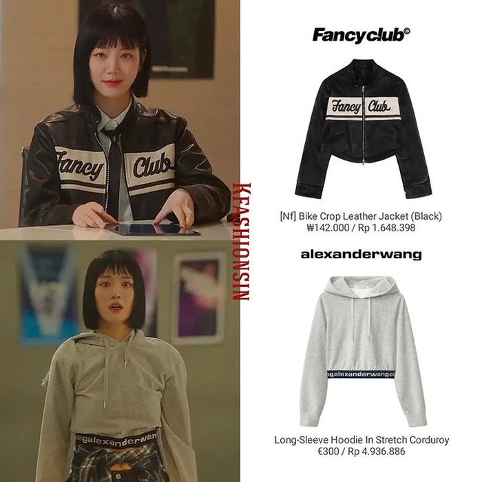 Lee Yoo Bi menunjukkan sisi stylish. Yang pertama, ia memakai jaket kulit berpotongan crop merek Fancyclub seharga Rp1,6 juta. Kemudian, ia juga memakai hoodie crop ALEXANDERWANG senilai Rp4,9 juta saat sedang latihan dance./ Foto: instagram.com/kfashionsin