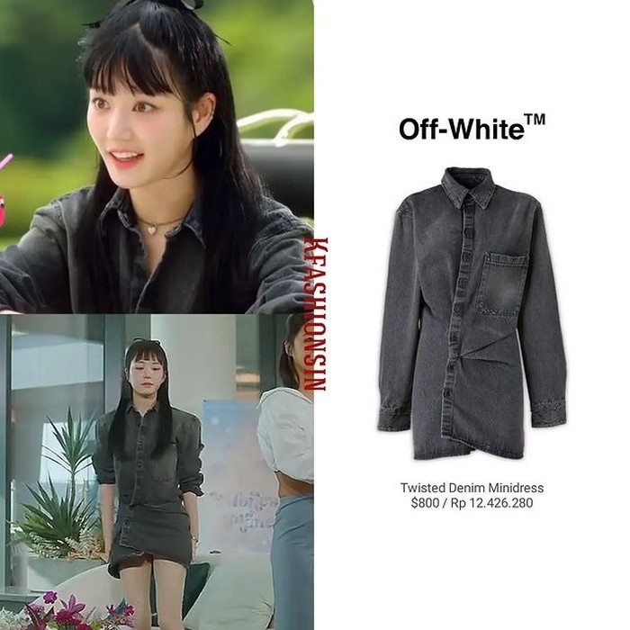 Mini dress berbahan denim keluaran merek OFF WHITE seharga Rp12,4 juta memberikan look edgy, chic dan modern saat dipakai oleh Lee Yoo Bi./ Foto: instagram.com/kfashionsin