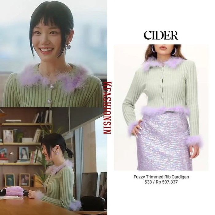 Usai lolos audisi, Lee Yoo Bi menjadi populer. Ia kerap menggunakan outfit modis, seperti saat ia menggunakan rib cardigan merek CIDER yang harganya Rp507 ribu. Penampilannya feminin dan manis, serasi dengan dandanannya./ Foto: instagram.com/kfashionsin