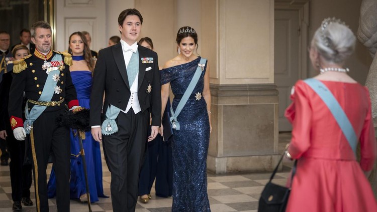 Prince Joachim, right, and Crown Princess Mette-Marit of Norway attend Prince Christian's 18th birthday gala dinner at Christiansborg Castle in Copenhagen, Sunday, Oct. 15, 2023. (Mads Claus Rasmussen/Ritzau Scanpix via AP)