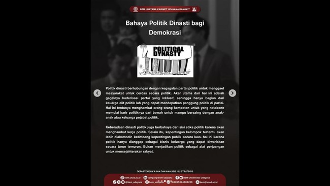 Akun Instagram BEM Unud diretas usai kritik politik dinasti Jokowi terkait putusan MK soal syarat pendaftaran cawapres.