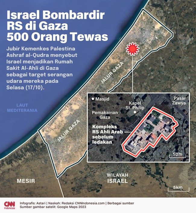 Rumah sakit Baptis Al Ahli di Jalur Gaza yang kena serangan rudal pada Selasa (17/10) di tengah perang Hamas dan Israel.