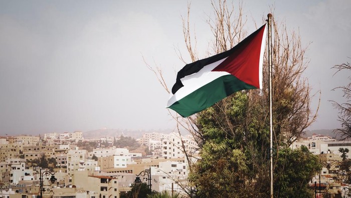 the flag of Palestine on the mountain on the background of the houses in the city. Middle Eastern architecture.