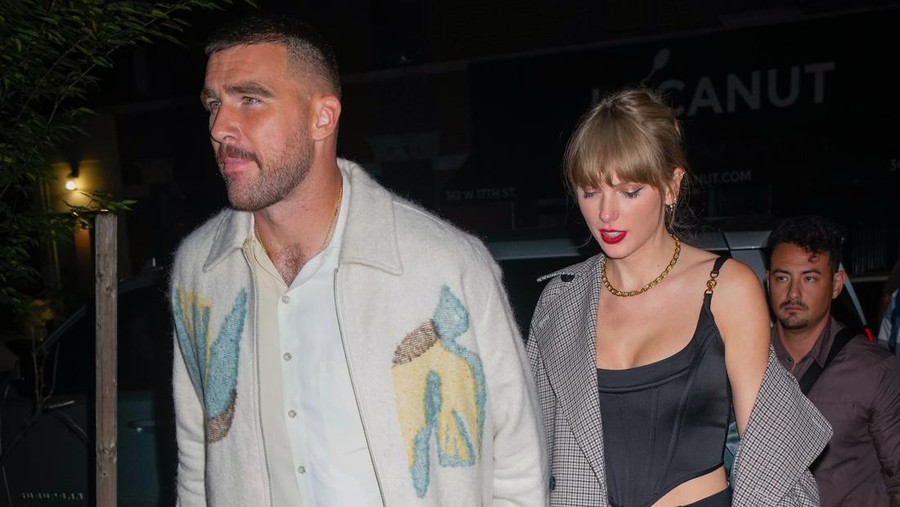 NEW YORK, NY - OCTOBER 15: Travis Kelce and Taylor Swift are seen leaving the SNL after party on October 15, 2023 in New York, New York. (Photo by MEGA/GC Images)