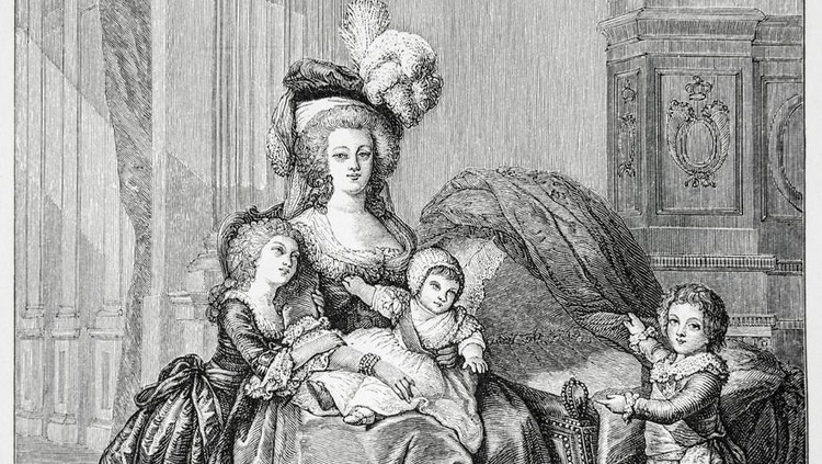 Marie-Antoinette and her children. Engraving/illustration from the book 