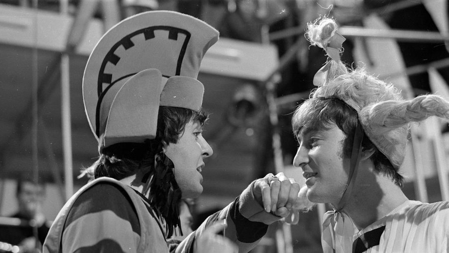 Paul McCartney and John Lennon from The Beatles rehearsing for the filming of 'Around The Beatles' Around the Beatles was a 1964 television special featuring the Beatles, produced by Jack Good for ITV/Rediffusion London Picture taken 21st April 1964 . (Photo by Daily Mirror/Mirrorpix/Getty Images)