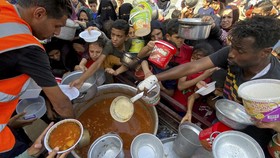 FOTO: Anak-anak Palestina Berebut Jatah Makanan di Lokasi Pengungsian