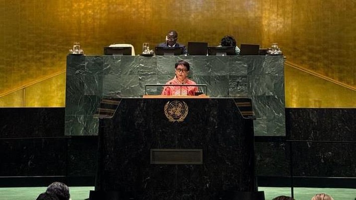 Menteri Luar Negeri RI Retno Marsudi berbicara di Sidang Majelis Umum Perserikatan Bangsa-Bangsa (PBB). (Dok: X@Menlu_RI)
