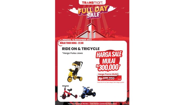 Sepeda Ride On & Tricycle didiskon jadi Rp300 ribu aja per unit selama gelaran Transmart Full Day Sale hari ini, Minggu (12/11).