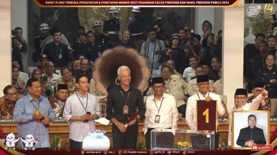 Pengundian dan Penetapan Nomor Urut Pasangan Calon Presiden dan Wakil Presiden dalam Pemilu 2024. (Tangkapan Layar Youtube KPU RI)