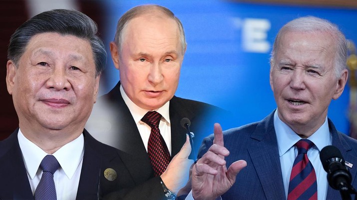 Foto kolase Joe Biden, Valdimir Putin, dan Xi Jinping. (AFP & AP Photo)