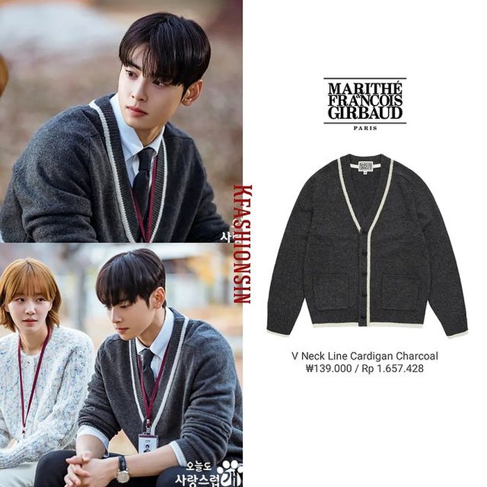 So that his appearance is not too plain and monotonous, Cha Eun Woo combines his shirt and tie with a V-neck cardigan from the MARITHE FRANCOIS GIRBAUD brand worth IDR 1.6 million./ Photo: instagram.com/kfashionshin