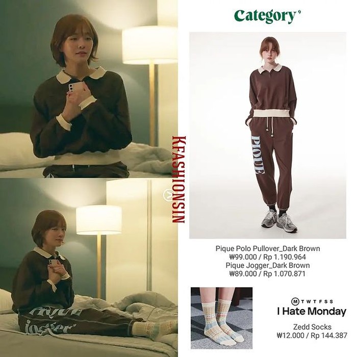 Baju tidur yang kelihatan chic dan sporty ini datang dari merek CATEGORY dengan total harga Rp2,2 juta. Sebagai pelengkap, Park Gyu Young juga memakai kaos kaki dari merek I HATE MONDAY seharga Rp144 ribu./ Foto: instagram.com/kfashionsin