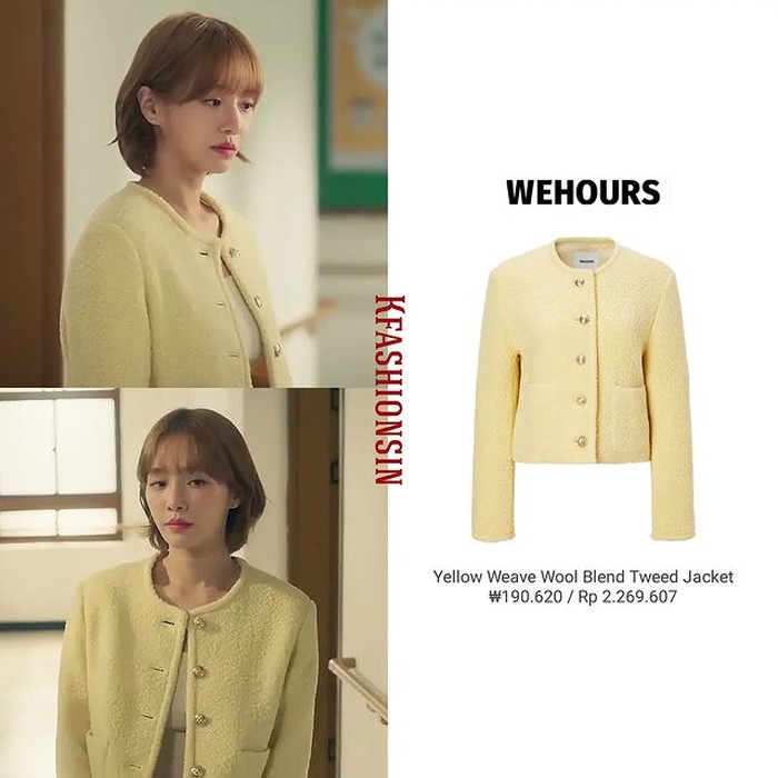 Bekerja sebagai guru bahasa korea, tweed jacket dari brand WEHOURS seharga Rp2,2 juta yang dipakai Park Gyu Young membuat style-nya jadi semi formal./ Foto: instagram.com/kfashionsin