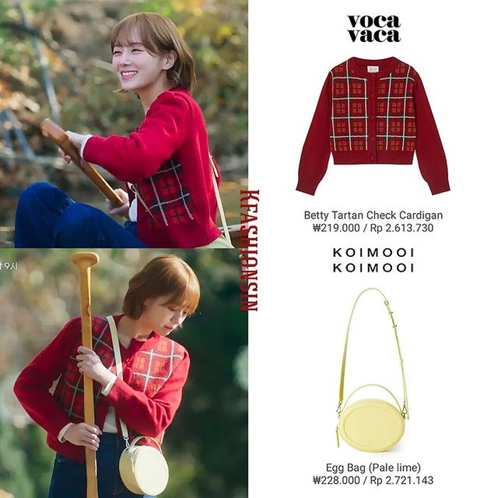 Kombinasi antara celana jeans dengan cardigan kotak-kotak merek VOCA VACA senilai Rp2,6 juta serta tas berbentuk lingkaran merek KOIMOOI seharga Rp2,7 juta menjadikan penampilan Park Gyu Young kelihatan vintage./ Foto: instagram.com/kfashionsin