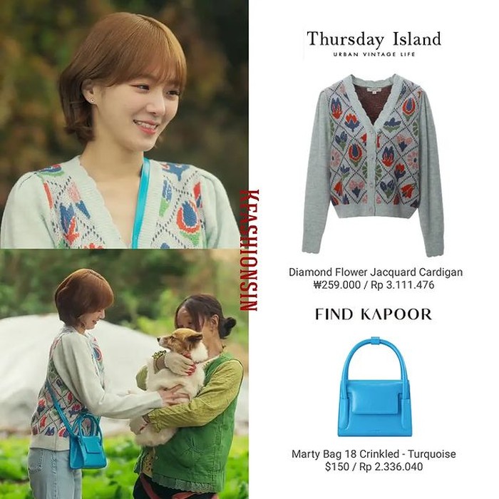 Park Gyu Young gemar memakai cardigan. Kali ini, ia berdandan dengan cardigan motif flower jacquard dari merek THURSDAY ISLAND yang dihargai Rp3,1 juta. Tak lupa, Park Gyu Young juga memakai tas kecil dari FIND KAPOOR dengan harga Rp2,3 juta./ Foto: instagram.com/kfashionshin