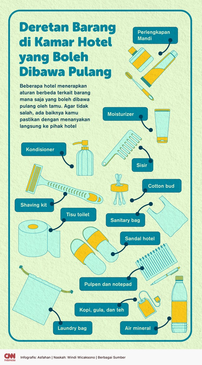 Beberapa hotel menerapkan aturan berbeda terkait barang mana saja yang boleh dibawa pulang oleh tamu dari kamar hotel usai menginap. 