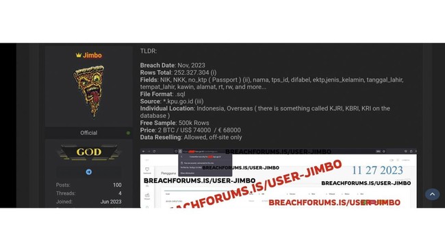 Kominfo menemukan kemiripan data yang disebarkan penjahat siber Jimbo di BreachForums dengan data DPT Pemilu 2024 di website KPU.