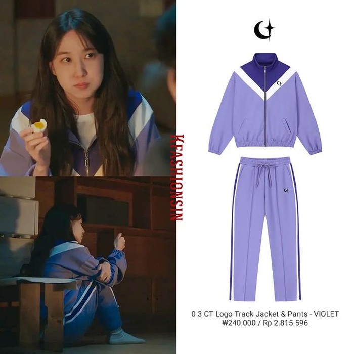 Berperan sebagai Seo Mok Ha, gadis yang terdampar 15 tahun di pulau terpencil, Park Eun Bin pilih style yang simpel saja. Ia memakai setelan olahraga berwarna ungu keluaran brand CLUT STUDIO yang harganya Rp2,8 juta./ Foto: instagram.com/kfashionsin