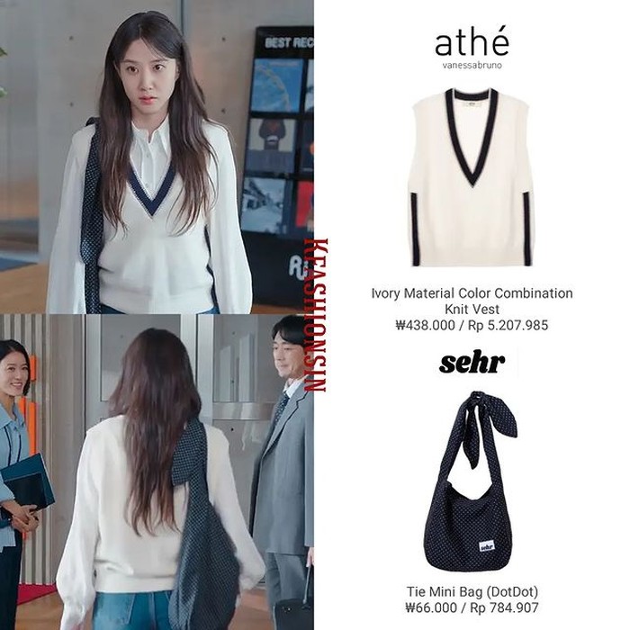 Gayanya sudah modis, Park Eun Bin melapisi kemeja putihnya dengan rompi merek ATHE senilai Rp5,2 juta. Biar makin kelihatan trendi, Park Eun Bin menyampirkan tote bag merek SEHR seharga Rp784 ribu di bahunya./ Foto: instagram.com/kfashionsin