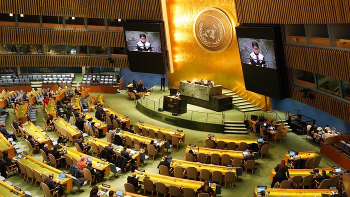 Menlu RI Retno Marsudi di Sidang Majelis Umum di Markas PBB, New York, 28 November 2023. (Akun X Menlu RI)