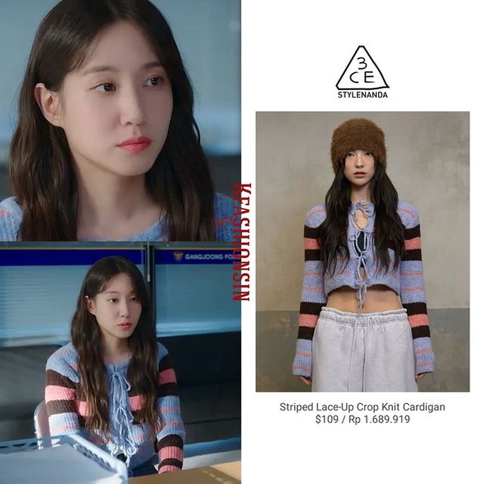 Park Eun Bin yang saat itu dimintai keterangan di kantor polisi datang menggunakan cardigan crop motif garis-garis dari brand STYLENANDA dengan harga Rp1,6 juta./ Foto: instagram.com/kfashionsin