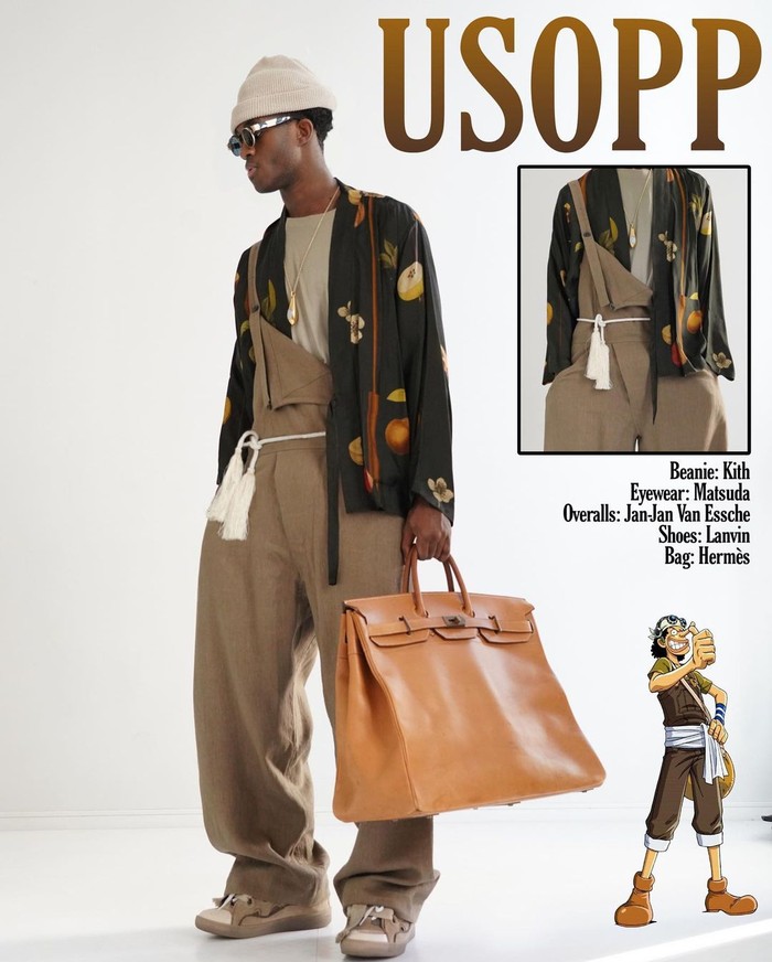Usopp menukar ketapel yang jadi andalannya dengan tas Hermès Birkin Bag. Susunan outfit coklat, lengkap dengan overalls yang akurat seperti karakter dikenakan/ Foto: Instagram.com/wisdm