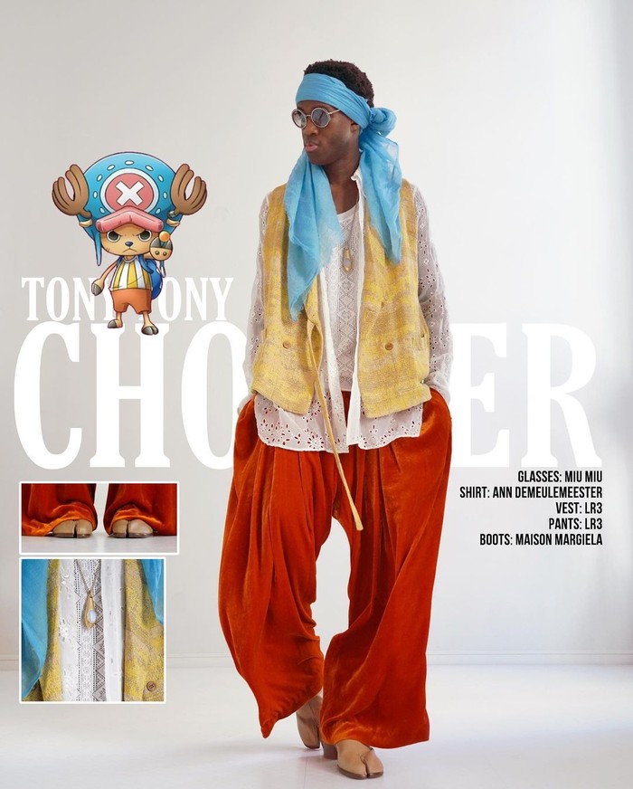 Ambil palet warna Chopper sebagai inspirasi, teknik layering bernuansa androgini ditampilkan, yakni kemeja lace dari Ann Demeulemeester, rompi dan celana dari LR3/ Foto: Instagram.com/wisdm