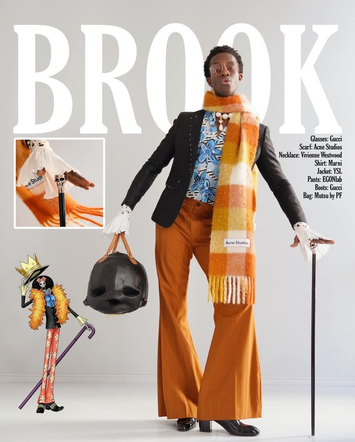 Feather scarf yang melekat pada sosok Brook diubah menjadi wool scarf Acne Studio. Celana flare, serta susunan warna pada tiap fashion items dipertahankan sesuai karakter/ Foto: Instagram.com/wisdm