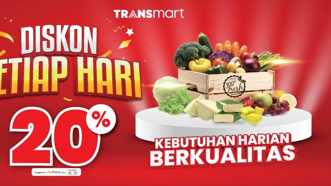 Aneka produk fresh seperti daging, buah, sampai makanan beku kini berlaku diskon 20 persen setiap hari di Transmart se-Indonesia.