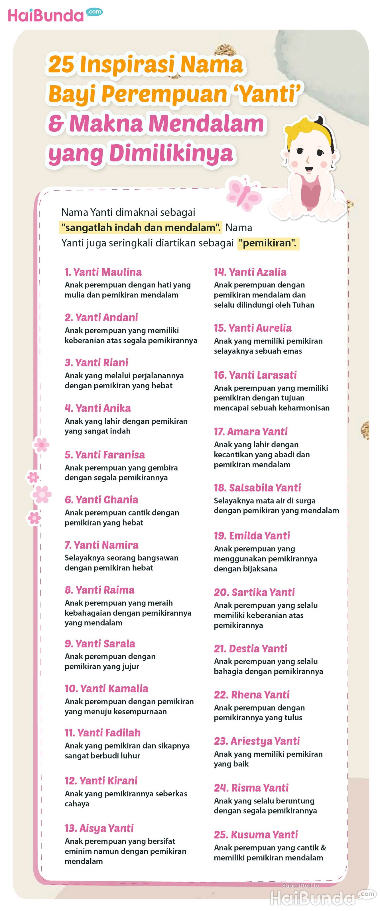 Infografis 25 Inspirasi Nama Bayi Perempuan ‘Yanti' & Makna Mendalam yang Dimilikinya Infografis 25 Inspirasi Nama Bayi Perempuan ‘Yanti' & Makna Mendalam yang Dimilikinya