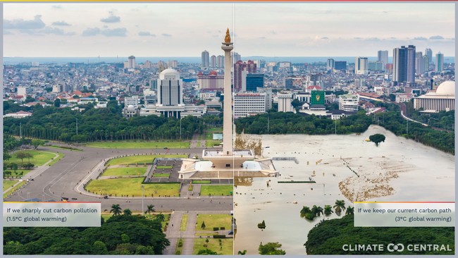 Simak penampakan 'mengerikan' Jakarta dan kota-kota besar di dunia jika suhu rata-rata global meningkat 3 derajat Celsius.