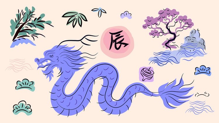Happy Chinese New Year 2024,  Zodiac sign, year of the Green Wooden Dragon   Chinese  translation: Happy New Year, Dragon  Vector tradition banner flat illustration