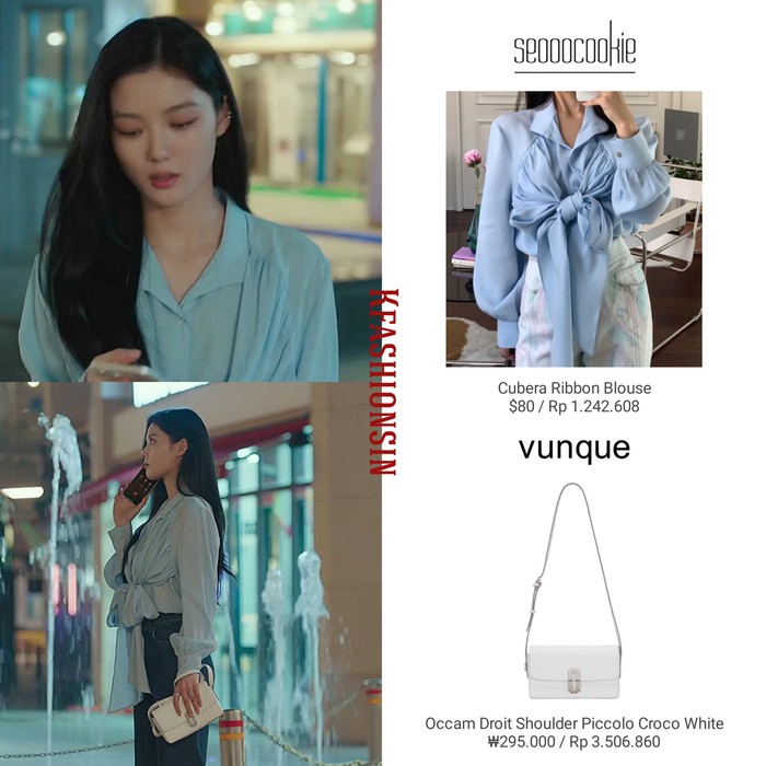 Bisa dipakai sebagai outfit kantor, Cubera ribbon blouse seharga Rp1,2 juta ini memberi kesan cute saat dipakai. Atasan tersebut dipadu tas selempang putih dari Vunque yang dibanderol Rp3,5 juta lho Beauties. /Foto: instagram.com/kfashionsin