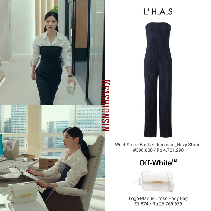 Jumpsuit hitam dari brand L’H.A.S seharga Rp4,7 juta ini dapat kamu padukan dengan kameja putih seperti yang dikenakan Yoo Jung. Terlihat serasi dengan tas Off-White seharga Rp26,7 juta ini ya Beauties. /Foto: instagram.com/kfashionsin