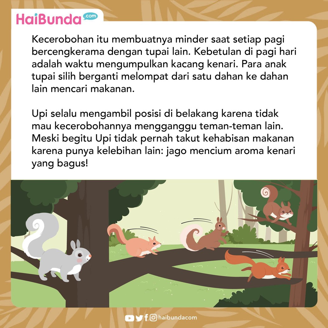 Seekor tupai bernama Upi tidak percaya diri karena tak pandai meloncat. Suatu hari, ada tupai lainnya yang menyaksikan kehebatan Upi. Baca selengkapnya yuk!