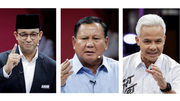 Foto Kolase Tiga Capres, Anies-Prabowo-Ganjar di Debat Perdana Capres 2024. (Reuters/Ajeng Dinar Ulfiana)