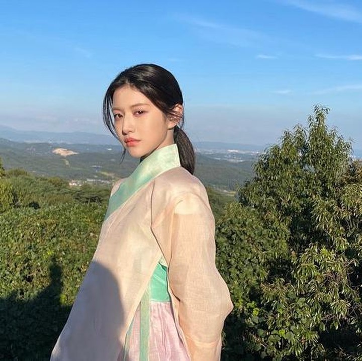 <p>Di potret ini, Go Yoon Jung sedang berada di BTS drakor <em>The Secret Romantic Guesthouse</em>, Bunda. Berpakaian hanbok berwarna pastel dan rambut poni yang tergerai indah, wajah Koreanya semakin glowing di bawah matahari, ya? (Foto: Instagram @goyounjung)</p>