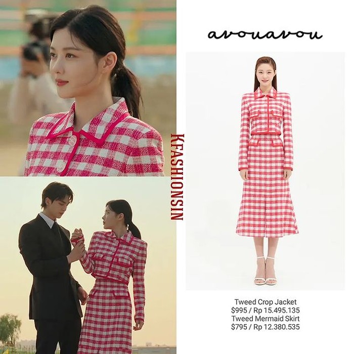 Aura konglomerat Kim Yoo Jung terpancar jelas tatkala ia menggunakan jaket crop harga Rp15,4 juta yang dipadukan dengan rok mermaid senilai Rp12,3 juta dari merek AVOUAVOU./ oto: instagram.com/kfashionsin