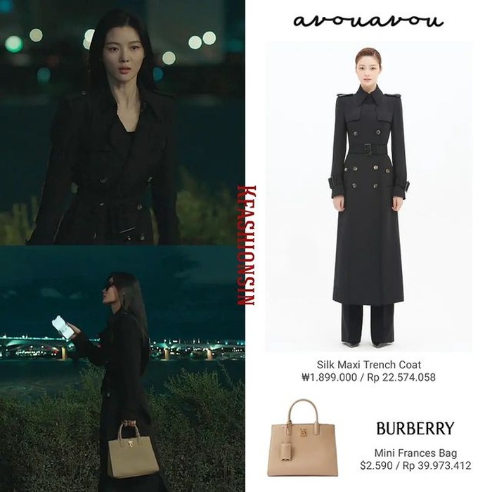 Masih edisi warna hitam, buat ketemu Song Kang malam-malam, Kim Yoo Jung mengenakan mantel panjang yang diberi harga Rp22,5 juta dari merek AVOUAVOU plus tas BURBERRY harga Rp39,9 juta./ Foto: instagram.com/kfashionsin