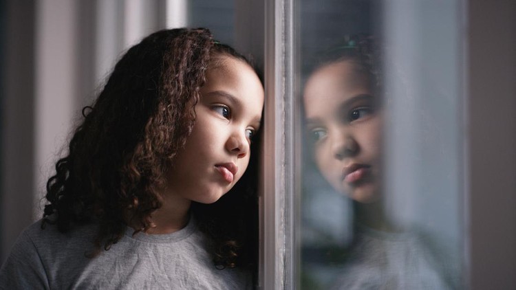 Mental health, girl and window for stress, thinking and depressed in home. Depression, black child and unhappy looking sad, anxiety and frustrated with suffering, disappointed and foster female kid.