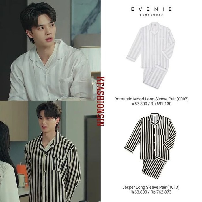 Dari merek Evenie lagi, Song Kang punya berbagai macam piyama dengan corak berbeda-beda. Corak garis-garis putih dihargai Rp691 ribu, sementara corak garis-garis hitam putih dibanderol sebesar Rp762 ribu./ Foto: instagram.com/kfashionsin
