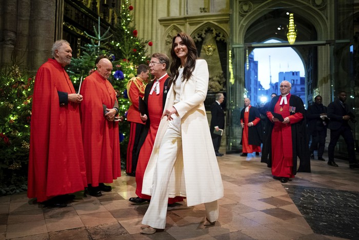 Britain's Kate, The Princess of Wales arrives to attend the Royal Carols - Together At Christmas service, at Westminster Abbey, in London, Friday, Dec. 8, 2023. (Aaron Chown/Pool Photo via AP)