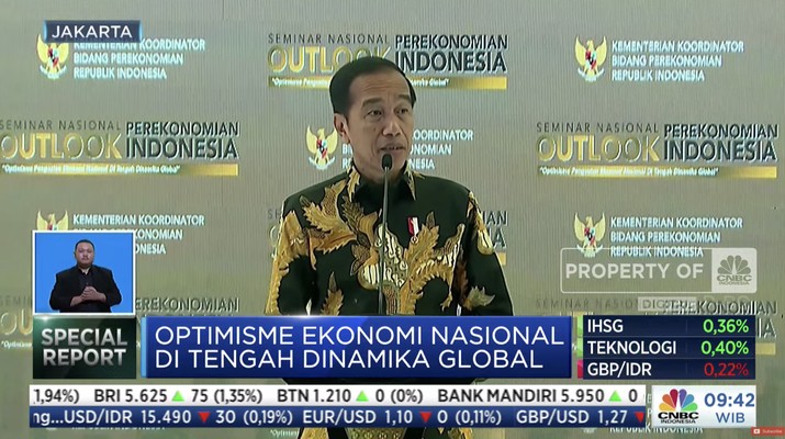 Presiden Joko Widodo menyampaikan sambutan dalam Seminar Nasional Outlook Perekonomian Indonesia 2024 dengan tema 