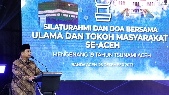 Capres nomor urut 2, Prabowo Subianto mengungkapkan kekagumannya atas kepemimpinan SBY saat menangani bencana tsunami yang melanda Aceh pada 2004 silam.