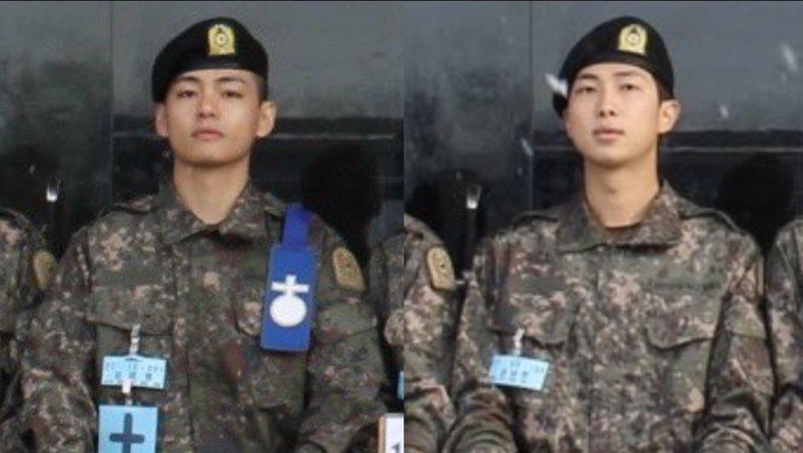 Foto pertama RM dan V BTS memakai seragam tentara&period;