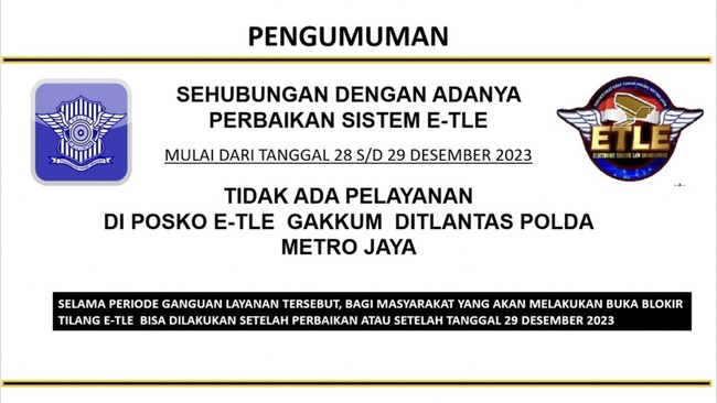 Pemilik kendaraan yang hendak melakukan konfirmasi dan buka blokir tilang ETLE tidak bisa melakukannya untuk sementara waktu.